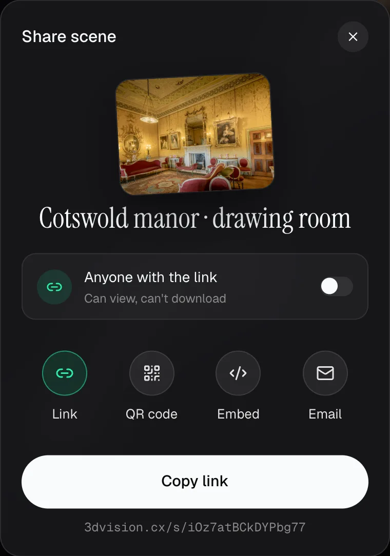 The share sheet: link, QR code, embed and email