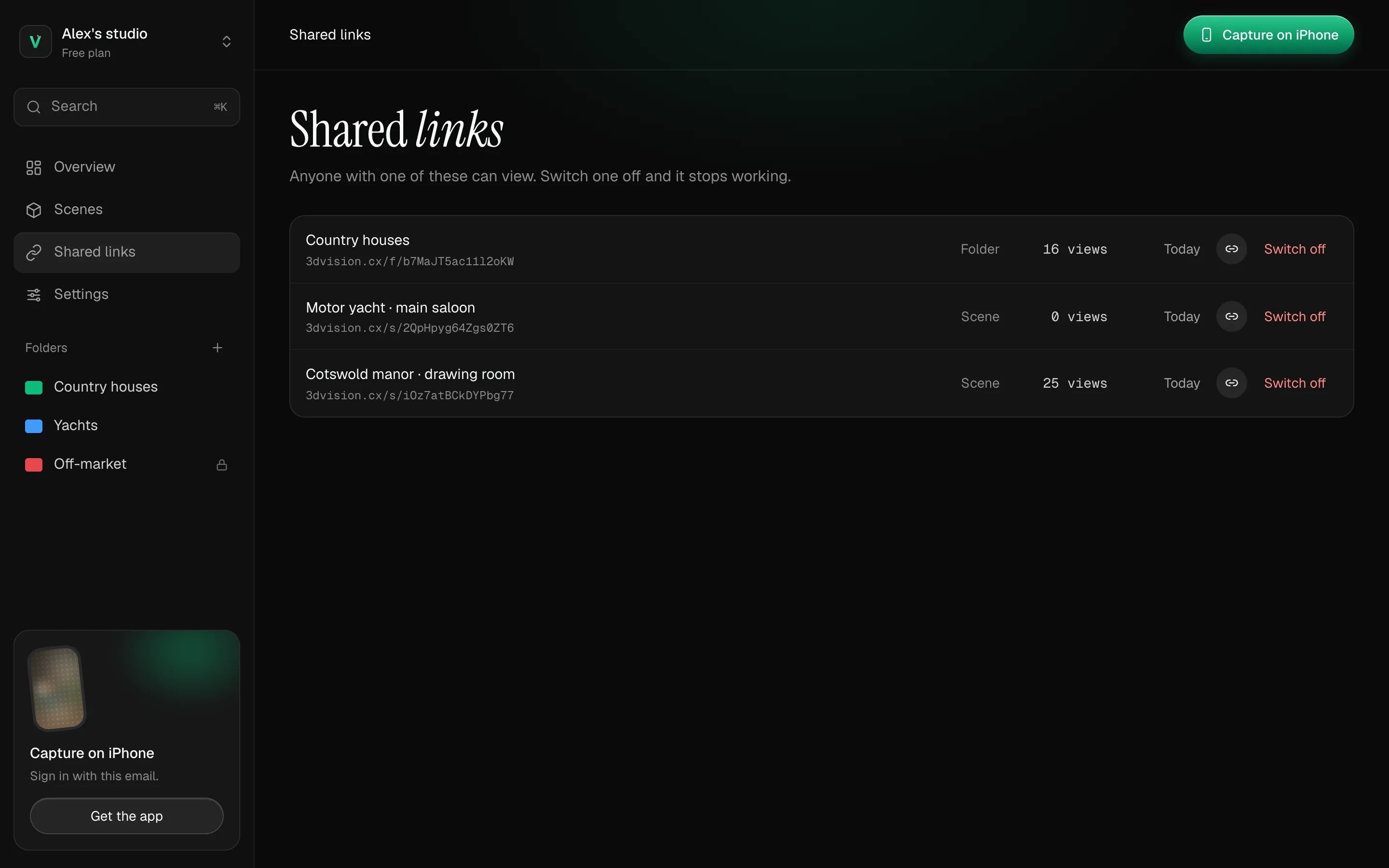 The Shared links page: every live link with its view count